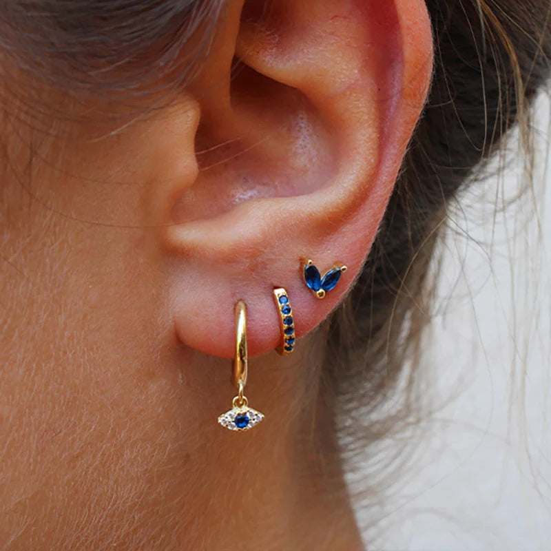 3pcs Blue Zircon Evil Eye Hoop Earrings Set