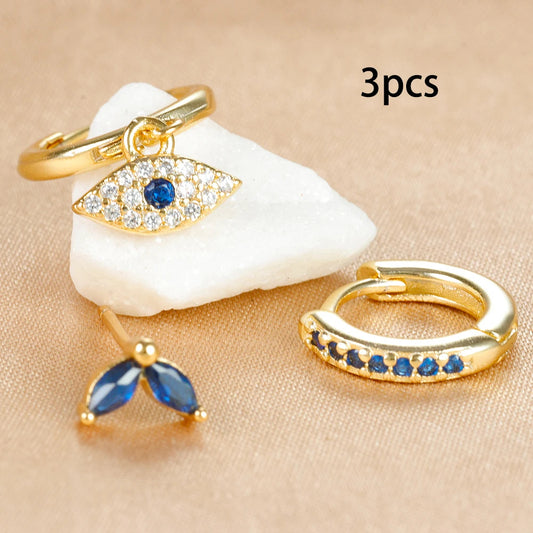 3pcs Blue Zircon Evil Eye Hoop Earrings Set