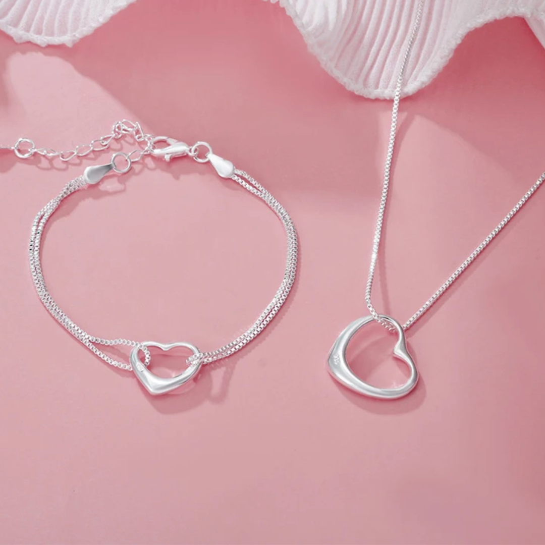 Silver Heart Shaped Bracelet & Necklace Set