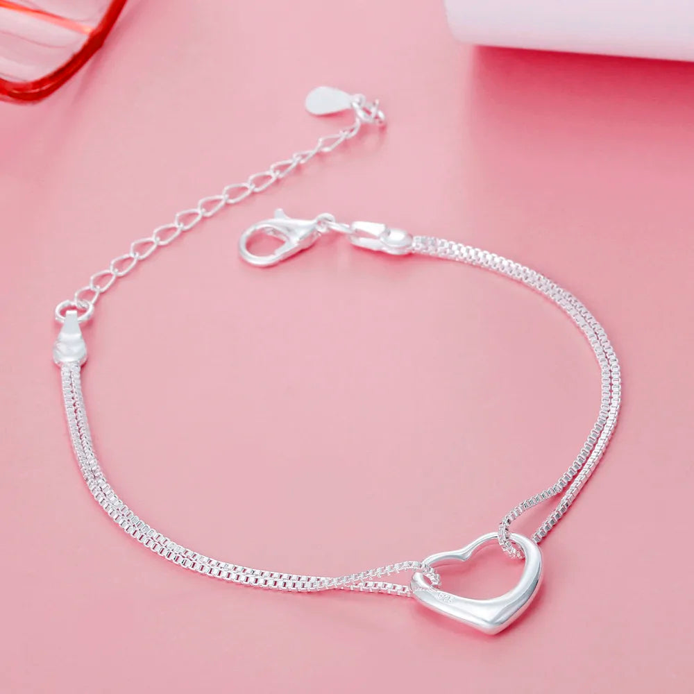 Silver Heart Shaped Bracelet & Necklace Set